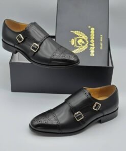 Black Leather Double Monk Strap Shoes – Elegant Toe Cap Design