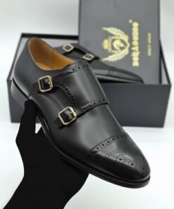 Alternative view of Black Leather Double Monk Strap Shoes – Elegant Toe Cap Design